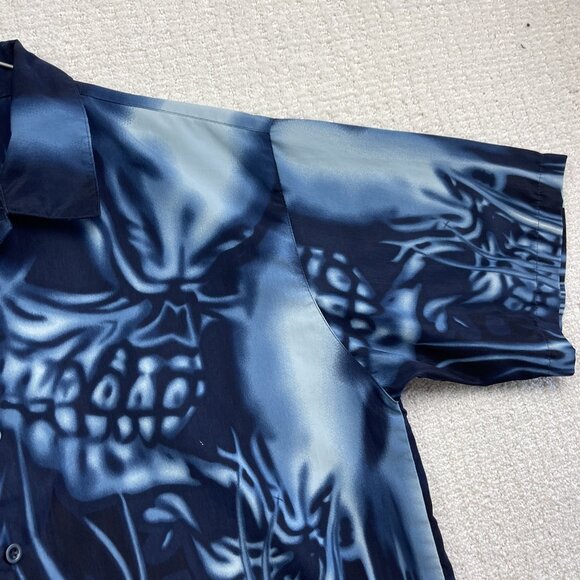 Y2K Urban Rags Skull Blue Flame AOP Shirt Black Men Sz 2XL Goth Cyber Punk Emo - Picture 4 of 16